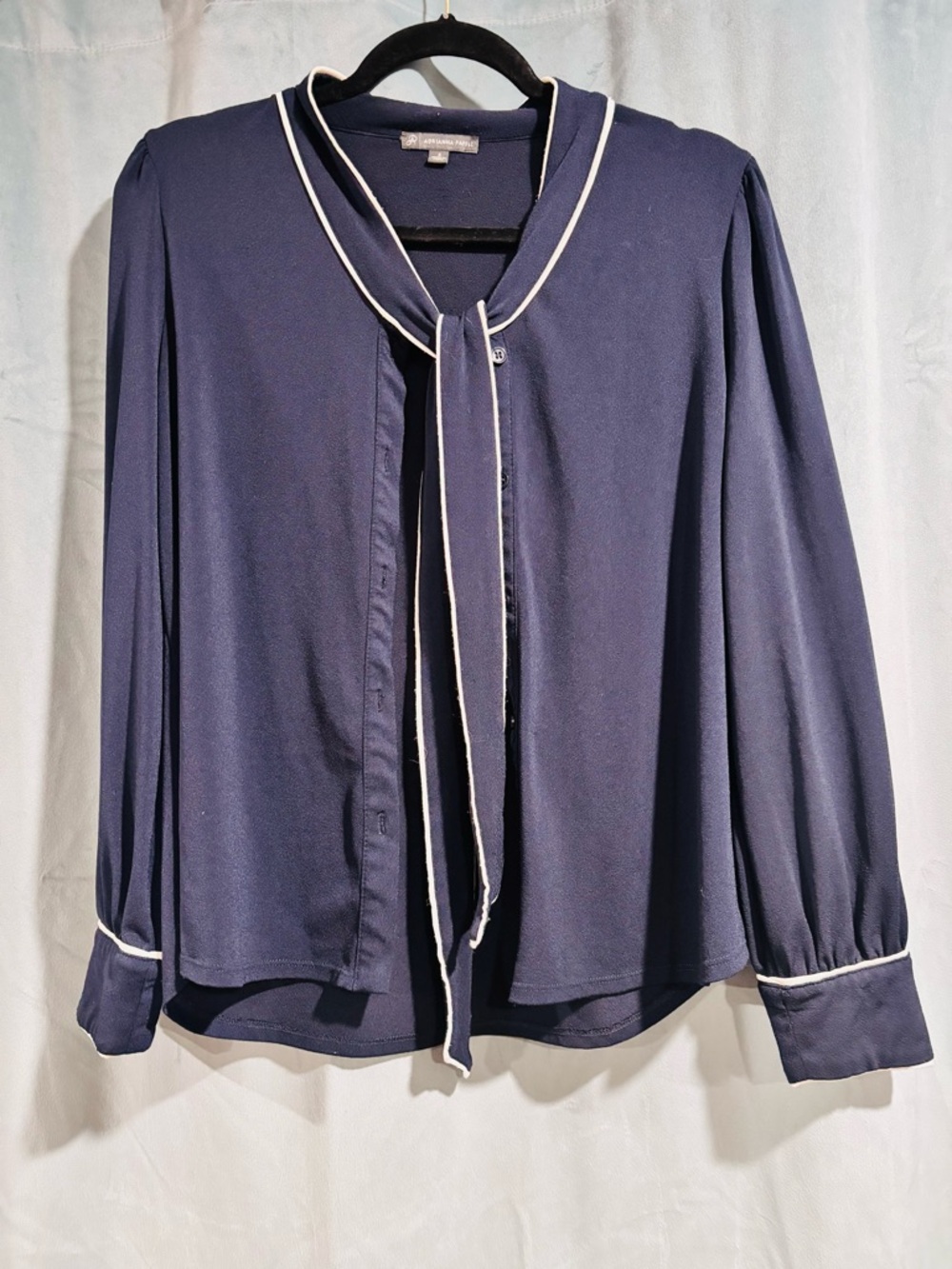 Navy Blouse with White Piping Tie Neck